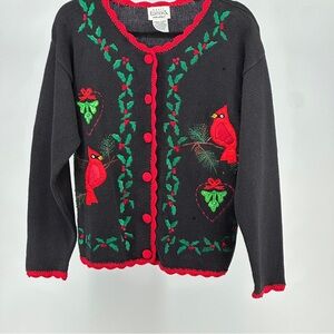 Women’s Small‎ Cardinal Embroidered Ugly Black Red Christmas Sweater